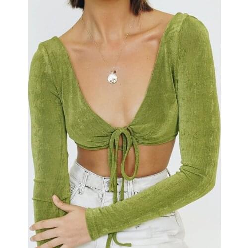 Green Tie Front Up T-shirt Deep V-neck Long Sleeve Skinny Crop Top Sexy Women Backless Sweats Tee Spring Autumn Streetwear
