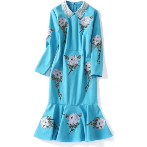 European and American womens wear new autumn 2022 Long sleeve hot diamond flower embroidery Fashionable fishtail dress
