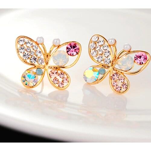 2016 Earings Fashion Jewelry Luxury Hollow Shiny Colorful Cystal Simulated Pearl Butterfly Stud Earrings Boucle D'oreille Femme