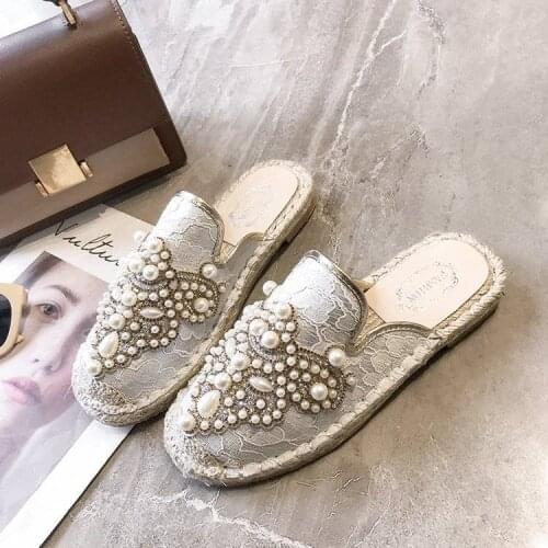 Newest Spring and Summer Top Sell Pearl Rhinestone Loafers Womens Flat-bottomed Espadrilles Casual Lazy Shoes Women Flat Shoes