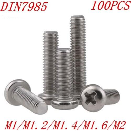 100pcs M1 M1.2 M1.4 m1.6 M2 DIN7985 Stainless Steel Cross Recessed Pan Head Screws Phillips Screws