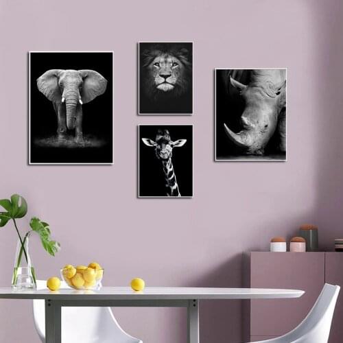 Frameless Animal Poster Canvas Painting African Animal Zebra Lion Elephant Poster Black White Wall Art Home Decorative Painting