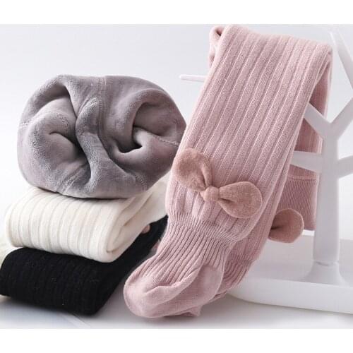 Plus velvet pants for girls clothes winter sweet handmade bowknot design kids pantyhose winter thick tights for children age 0-8