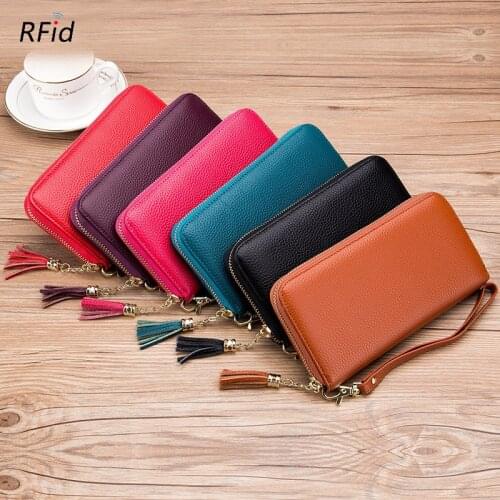 Genuine Leather Multifunction Hand Clutch Bag Versatile Tassel Zipper Cash Card Wallet Cell Phone Bag Coin Purse for Women