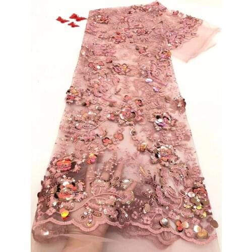 Onion color 3D sequined lace fabric latest 2021 Africa Nigeria French sequined lace fabric 5 yards tulle mesh fabric D4489