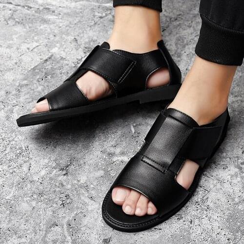 Fashion Leather Roman Sandals Korean Version of British Leather Sandals Mens Summer Casual Shoes Leather Hollow Shoes