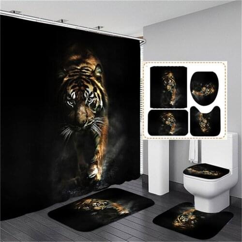 Black Tiger Animals Printed Shower Curtain Set Bathroom Bathing Screen Anti-slip Toilet Lid Cover Carpet Rugs Kitchen Home Decor