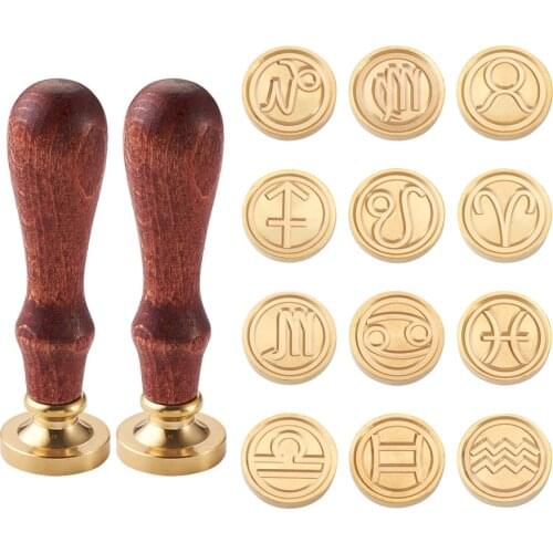 Wax Seal Stamp Set Brass Wax Sealing Stamp Head Alloy Sticks Spoon Constellations Fruit Leaf Insect Wedding Themed Pattern