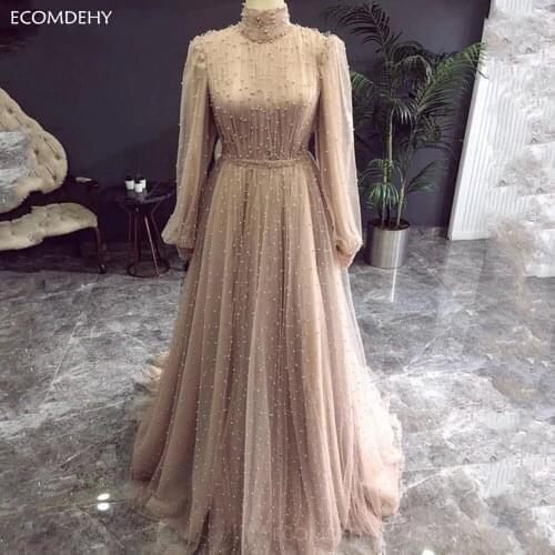 New Arrival Elegant Pearls Evening Dresses for women Arabic Caftan Dubai Evening Gowns Vestidos de Noche Robe Prom Dress abiye