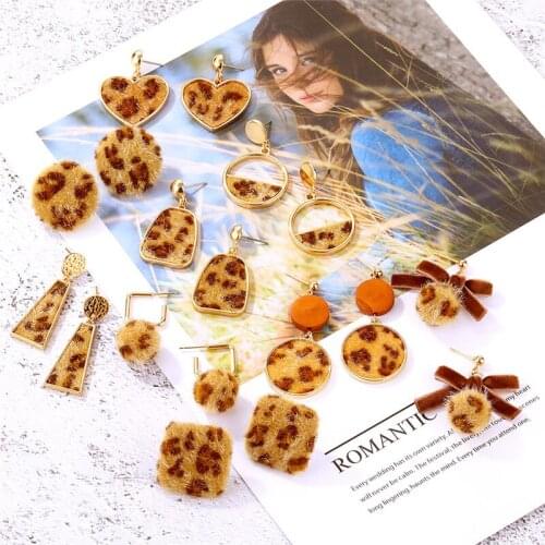 ALIUTOM New Winter Vintage Velvet Leopard Print Earrings For Women Bohemian Geometric Plush Ball Drop Earring Statement Jewelry