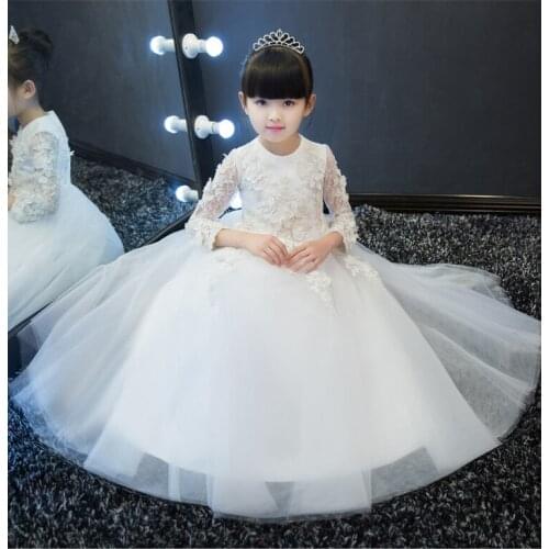 Glizt Long Sleeve Flower Girls Dresses For Wedding White Lace Girl Formal Birthday Party Dress Princess Gown Kids Long Vestido