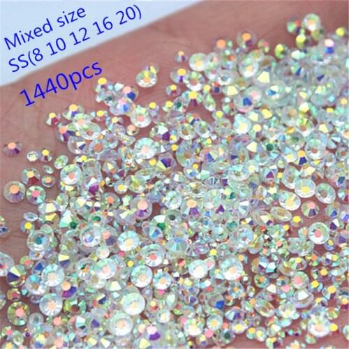 Micui 1440pcs Mix 5 Size Round Crystal Transparent AB Glass Nail Rhinestone Flat Back Decoration Stones Non Hotfix MC66