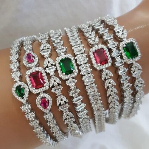 Luxury 925 Silver Diamond Ruby Emerald Baguette Rhinstone Cocktail Gemstone Link Chain Fashion Wedding Engagement Fine Jewelry