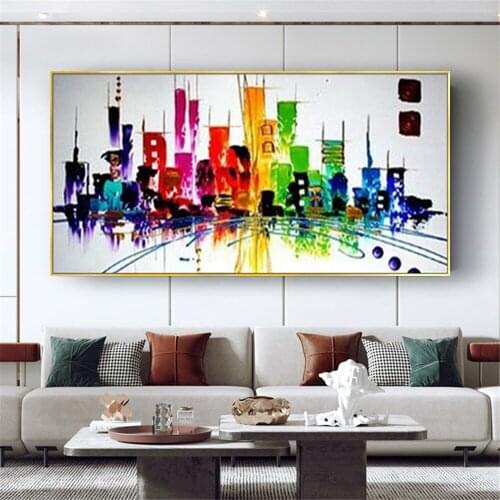 Hand painted Fashion Abstract Modern City Painting COLORFUL Acrylic Paint On Canvas RAINBOW CITY Wall Art Picture For Living