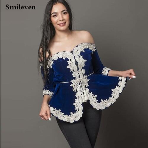 Smileven Navy Blue Velvet Karakou Algerian Caftan Evening Dresses Off The Shoulder White Lace Party Gowns Only Jacket