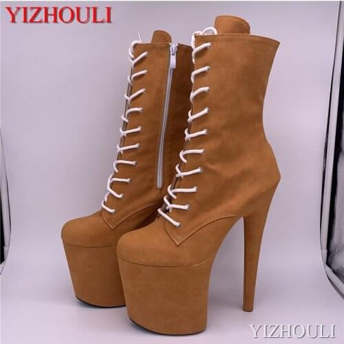 20 cm steel tube dancing shoes, yellow brown suede covered high heel thick soles boots, round toe banquet ankle boots