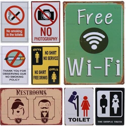 Wc Free Wifi Toilet No Smoking Vintage Metal Sign Poster Plaque Tin Signs Iron Painting Pub Club Restroom Toilet Decor Plates