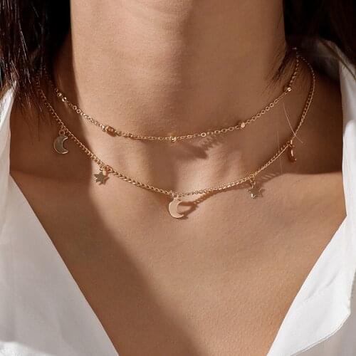 Korean Star Moon Tassel Necklaces for Women Gold Silver Color Multi- Layer Metal Beads Chain Necklace Trendy Jewelry Gifts