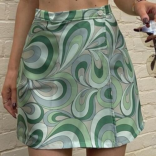 Womens vintage Sexy skirt aesthetic floral ripple printed y2k satin High-waisted E-girl Kawaii harajuku mini skirt fairy grunge