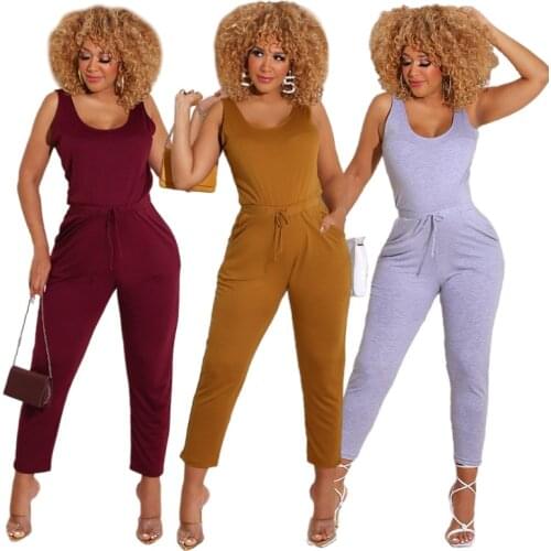 Casual Solid Jumpsuit Women Summer 2021 Elegant O Neck Sleeveless Bandage Pockets Pencil Pants Slim Overalls for Women Romper
