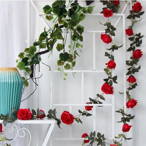 2M Artificial Red Rose Flower Ivy Vine Wedding Decor Real Touch Silk Flowers String With Leaves for Home Hanging Garland Decor
