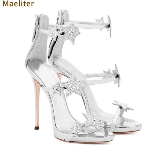 Celebrity Same Style T Stage Crystal Sandals Silver Black Stars Glittering Rhinestone Sandals Stiletto Heels Pumps Wedding Shoes