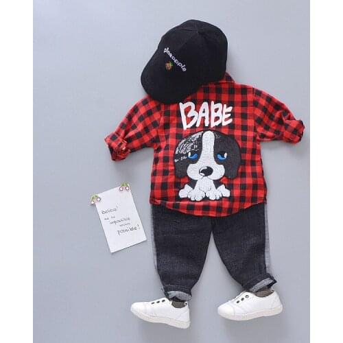 Korean Autumn Spring Baby Plaid Shirts+Jeans Pants Two-piece Childrens Leisure Cartoon Sports Suit For Baba Boys Girls Set