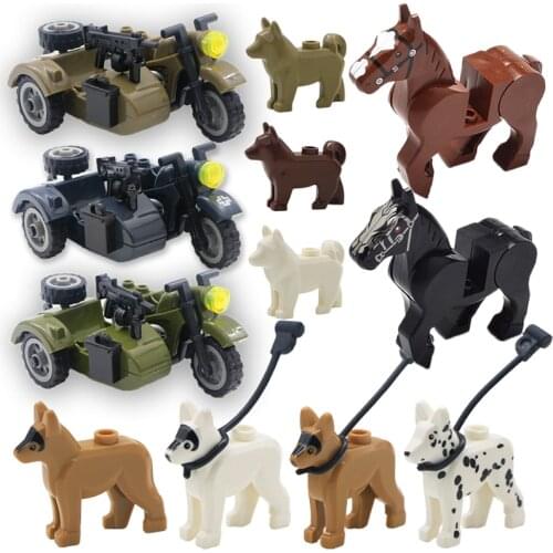 MOC Bricks WW2 Military City Police Dog Horse Motorbike Car Building Blocks German Soldier Army Figure Parts Accessories Toys