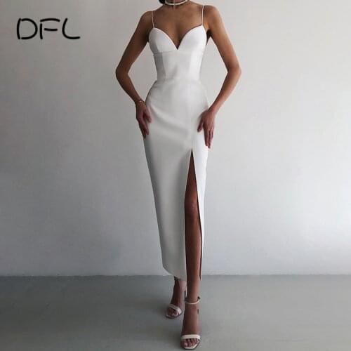 DFLlifes High Quality Bandage Dress Fashion Elegant Club Wear Split Slim Sexy Midi Dresses Women Solid Sleeveless Strap Vestidos