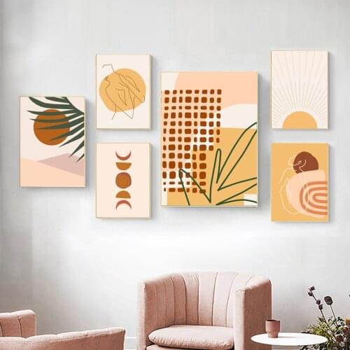 Wall Art Canvas Painting Abstract Scenery Line Girl Leaf Plant Sun Nordic Posters And Prints Wall Pictures For Living Room Decor