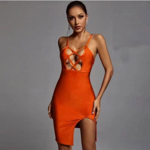 New Women Summer Ladies Sexy Sleeveless Hollow Out Orange Mini Bodycon Bandage Dress 2021 Elegant Evening Party Club Dress