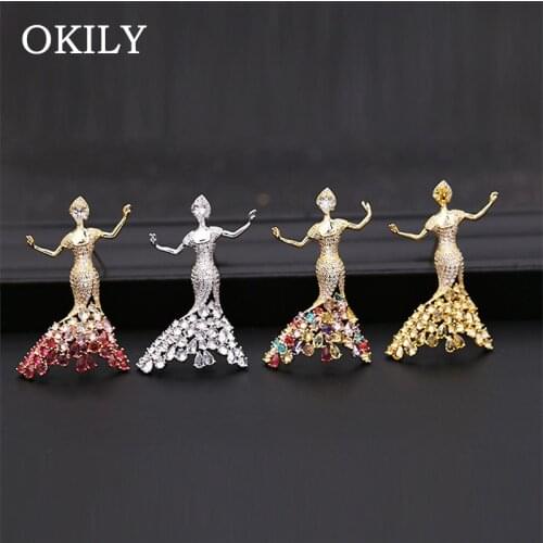 OKILY Delicate Girls Brooches Charming Cubic Zircon Princess Ballerina Brooch Lapel Pins for Women Wedding Dress Accessories