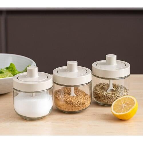 Glass Seasoning Box Spices Pot with Spoons Kitchen Seasoning Shaker Bowl Pepper Salt Sugar Jars Cruet Organizer Bottle