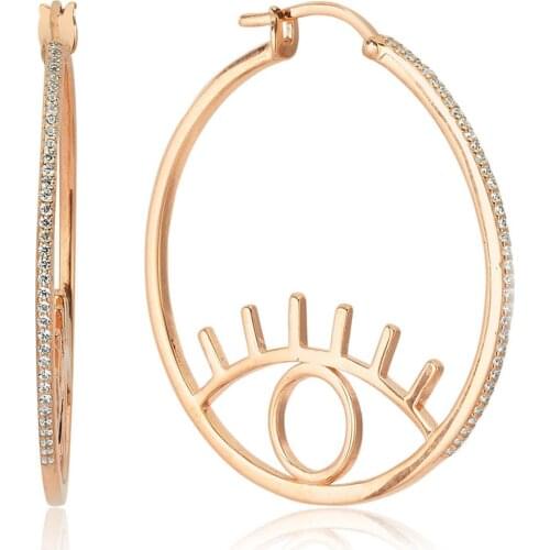 Valori Jewels Round Evil Eye, Zirconia White Gemstone, Rose Gold Plated, Sterling Silver Hoop Earrings