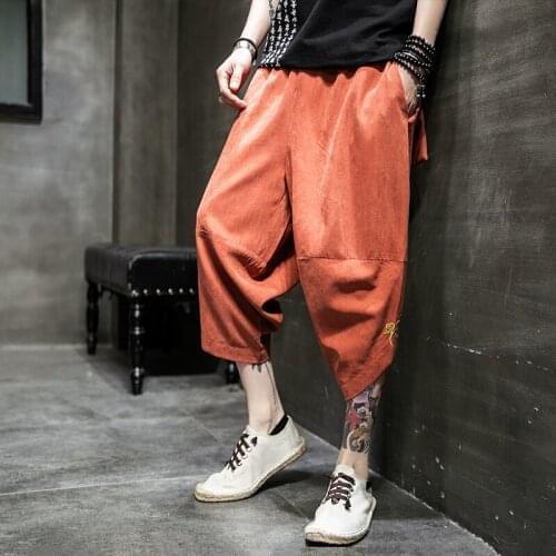 Vintage Cotton Mens Pants Summer Harajuku Harem Pants Men Calf-Length Wide Leg Trousers Streetwear Casual Sweatpants