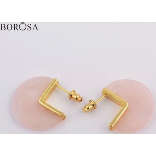 BOROSA Jewelry 5Pairs Gild High Quality Natural Rose Quartzs Stud Earring Transparent Natural Pink Crystal Quartz Earring ZG0421