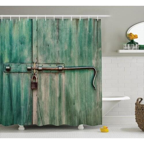 Industrial Shower Curtain Aged and Closed Door with a Lock Close up View in Retro Style Entrance Photo Waterproof Bath Curtains