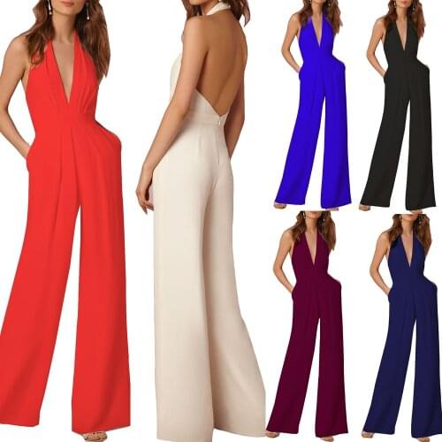 Womens Long Office Lady Loose Jumpsuits Sexy Deep V-neck Pockets Rompers