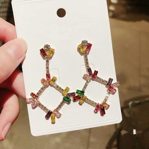 MENGJIQIAO Korean New Arrrive Luxury Colorful Square Rhinestone Dangle Earrings For Women Elegant Crystal Party Oorbellen