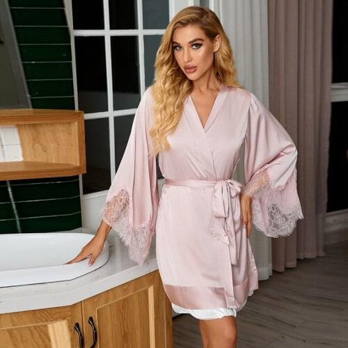 Summer Women Bathrobe Femal Sexy Underwear Lace Sleepwear Wedding Robe Gown Bride Bridemaid Solid Embroidery Kimono Casual Home