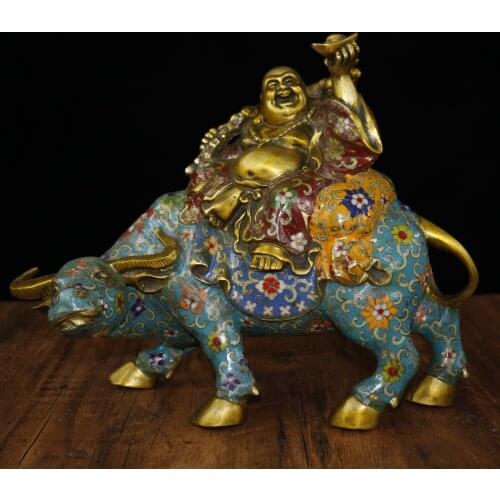 13"Tibet Buddhism Temple Old Bronze Cloisonne Enamel Golden Bag Maitreya Buddha Bull riding statue Lucky fortune worship