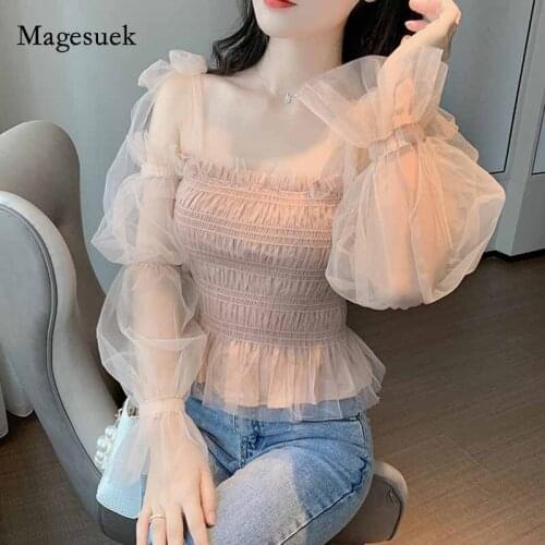 2020 Fashion Women Shirts Mesh Ladies Top Autumn Korean Off-Shoulder Top Sweet Long Sleeve Chiffon Blouses Ropa De Mujer 10849