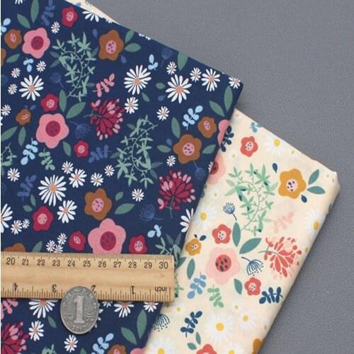 50x140cm Beige Navy Blue Blooming Colorful Flowers 100% Cotton Poplin Fabric Floral Fabric patchwork for quilting bedding cloth