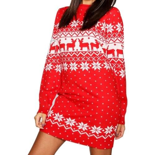 AECU Women Long Sleeve Christmas Dress Women Christmas Deer Long Shirt Jumper Top Winter Autumn Long Pullovers Mini Dress
