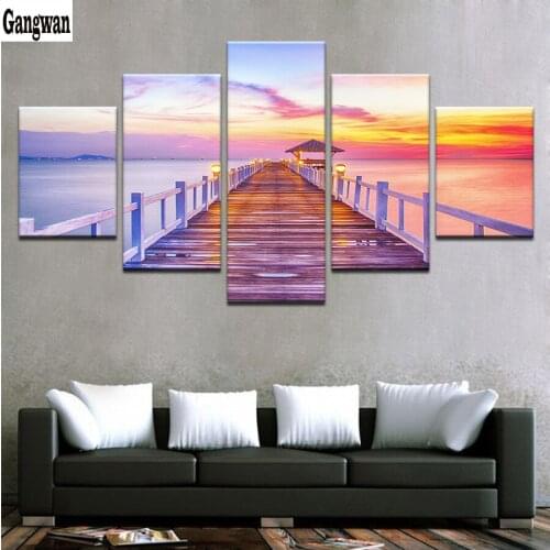 Diamond painting Cross Stitch 5 Pieces Sunrise Wooden Bridge Seascape Pictures Sunset Lake view diamond embroidery mosaic decor