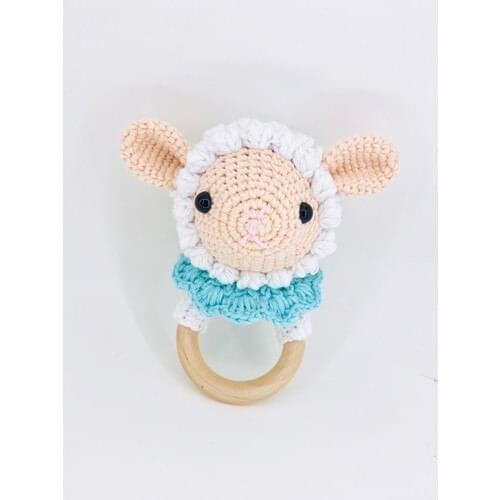 Amigurumi Organic Blue Detailed Lamb Shape Dental Kaşıyıcılı Mesh Rattle