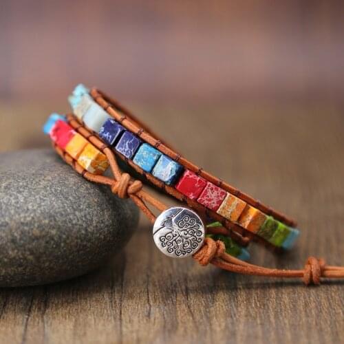 Chakra Bracelet Boho Natural Stone Beaded Bracelet Unique Friendship Leather Bracelet Dropshipping Single Leather Wrap Bracelet