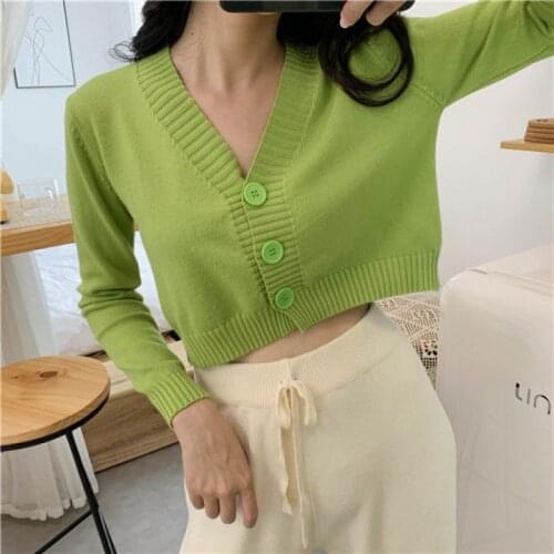 2021 Spring Autumn Women Knitted Crop Cardigan Long Sleeve V Neck Crop Sweater Tops Female Button Up Cardigans 9 Colors