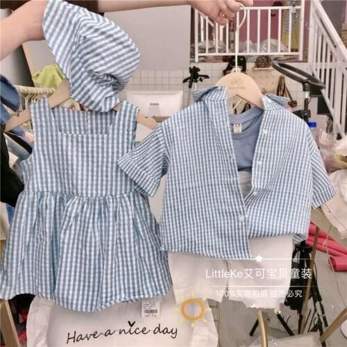 Childrens striped brother and sister wear male baby striped shirt and trousers two-piece girl doll dress hat suit