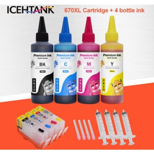 ICEHTANK 670XL Refill Ink Cartridge For HP 670 Deskjet 3525 4615 4625 5525 6525 Printer Cartridges + 100ml Bottle Refill ink kit